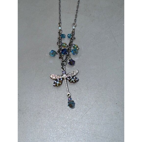 Dragonfly Pendant Necklace With Iridescent Beads On Silver Chain Firefly Jewelry - Picture 9 of 14